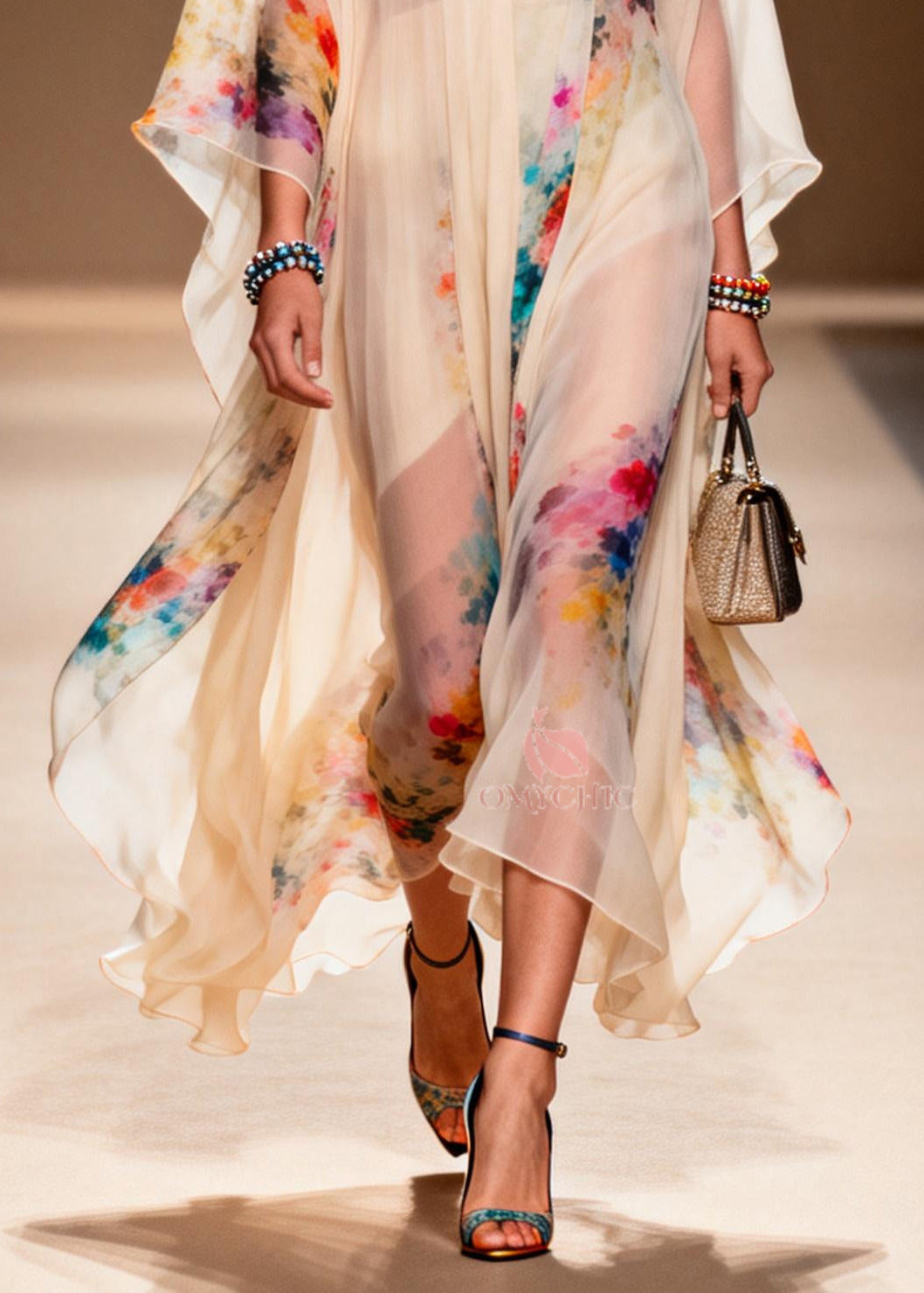 Abstract Print Sheer Chiffon Kaftan Gown and Short Romper Two-Piece Set