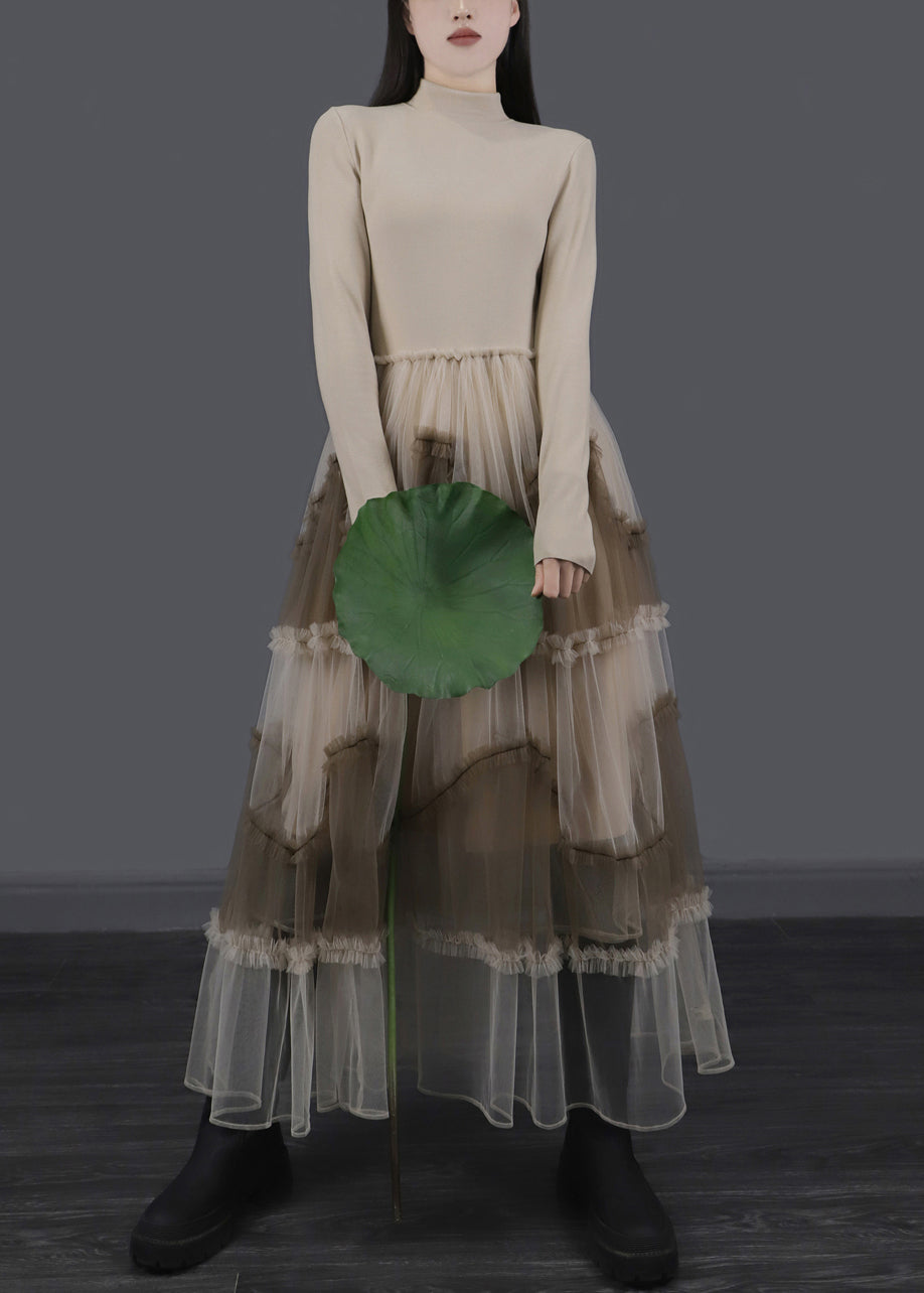 Mock Neck Long Sleeve Knit Tiered Ruffle Trim Tulle Maxi Dress 2