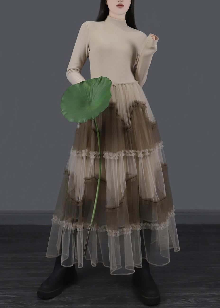 Mock Neck Long Sleeve Knit Tiered Ruffle Trim Tulle Maxi Dress 3