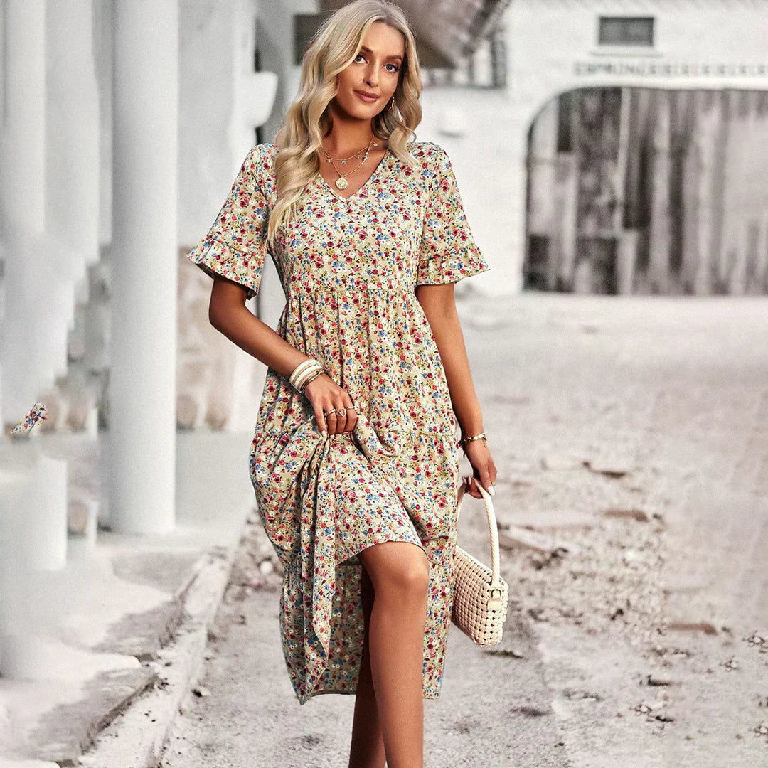 V-Neck Flutter Sleeve Floral Tiered Midi Dress