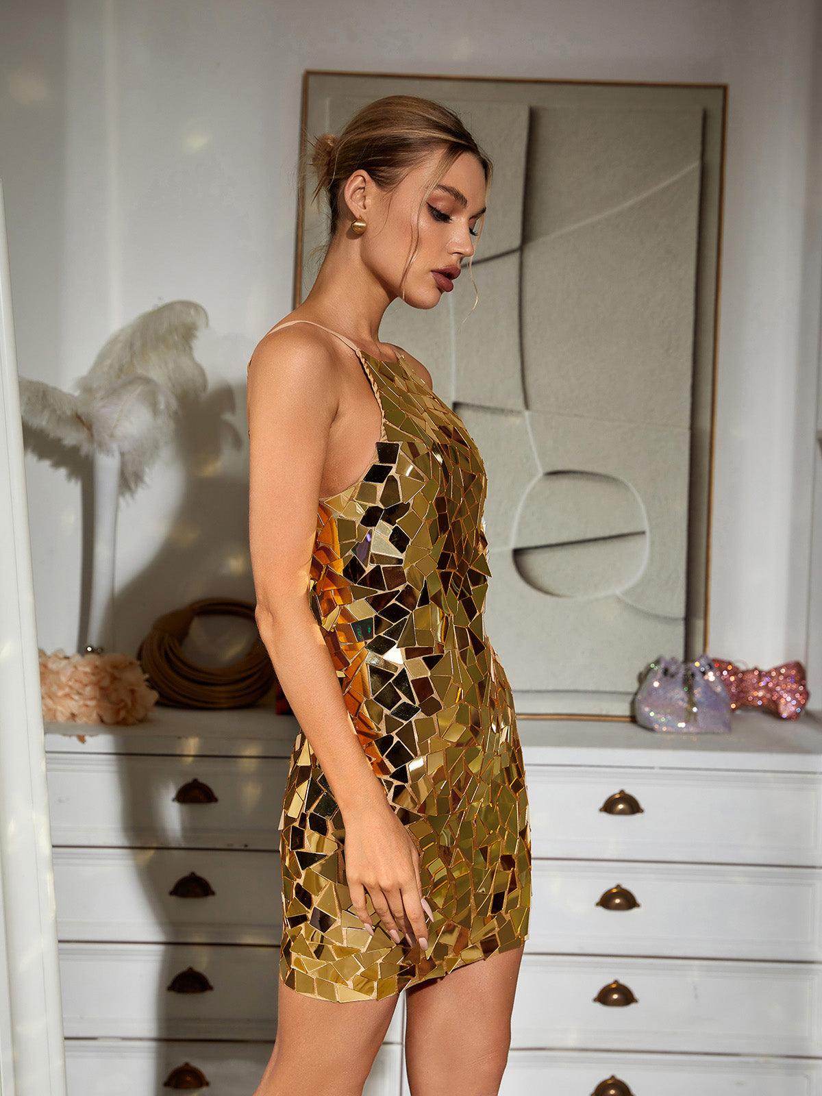 Mirror Mosaic Shard Spaghetti Strap Halter Neck Bodycon Mini Dress