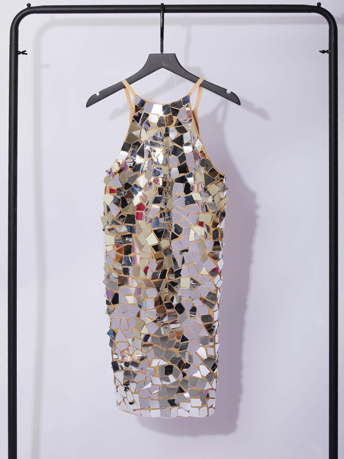 Mirror Mosaic Shard Halter Neck Bodycon Mini Dress