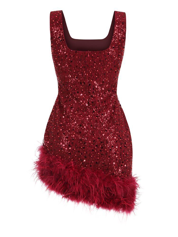 Sequin Square Neck Sleeveless Feather Trim Bodycon Mini Dress