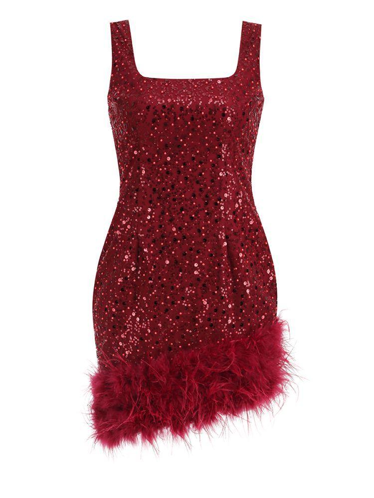Sequin Square Neck Sleeveless Feather Trim Bodycon Mini Dress