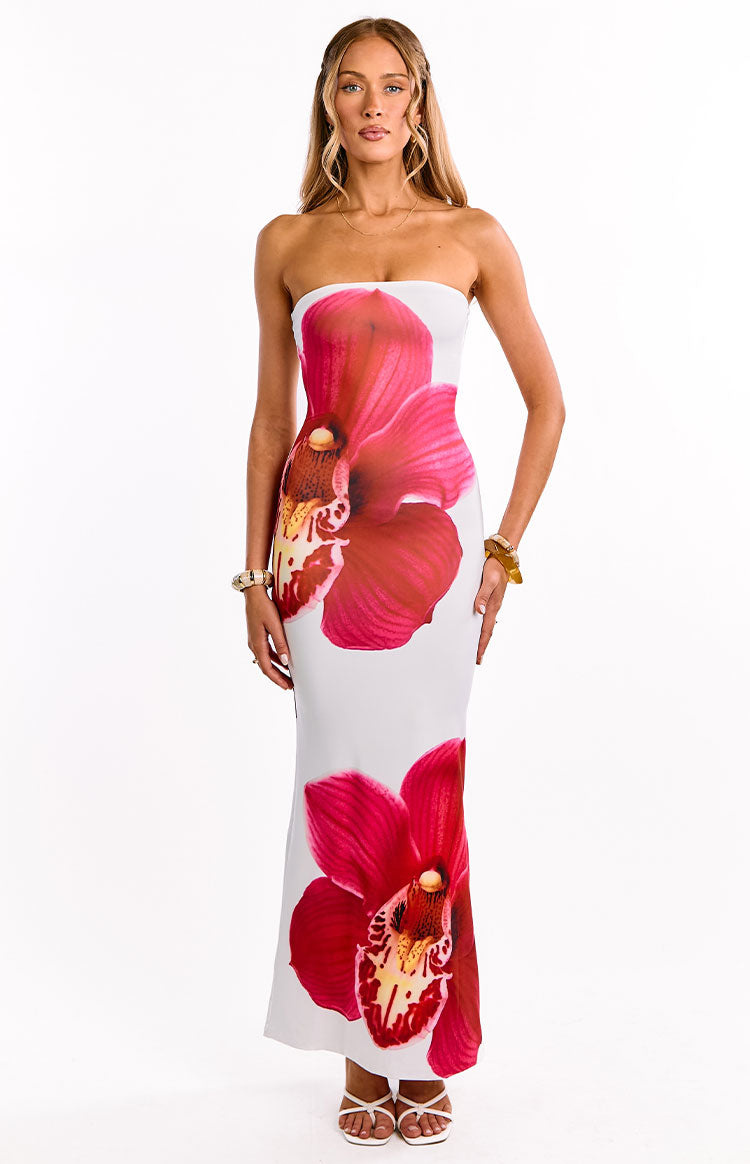 Orchid Print Strapless Bodycon Maxi Dress 2