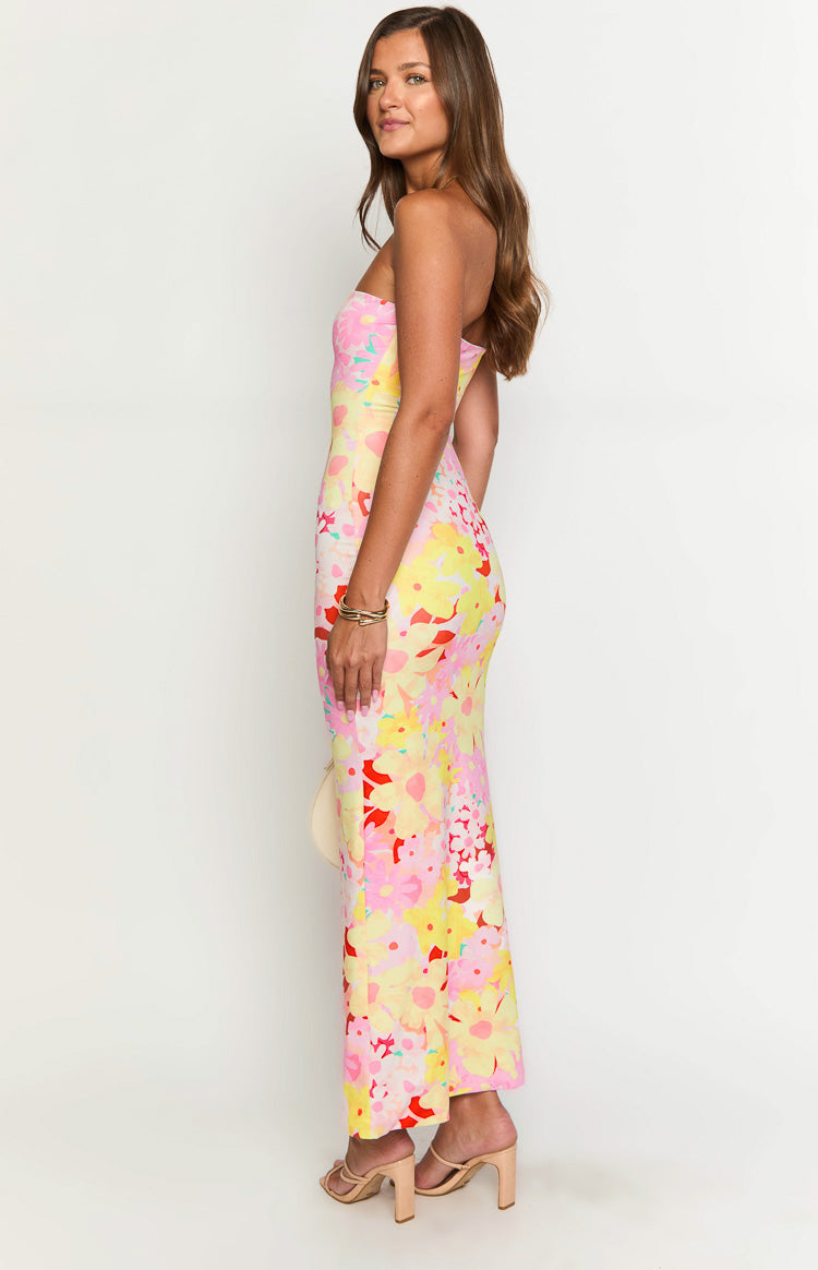 Retro Floral Print Strapless Bodycon Maxi Dress 5
