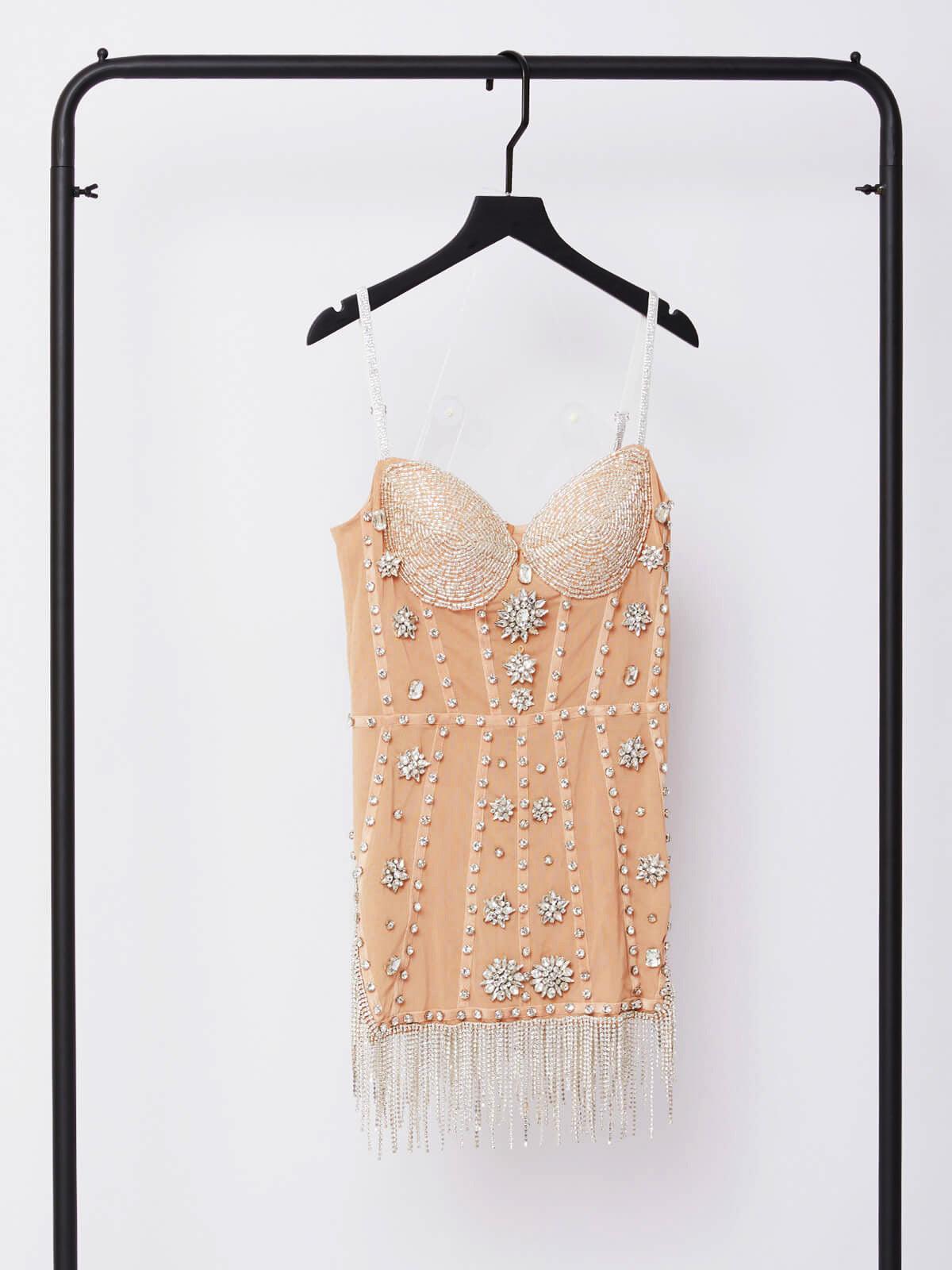 Rhinestone Starburst Fringe Sweetheart Spaghetti Strap Bodycon Mini Dress