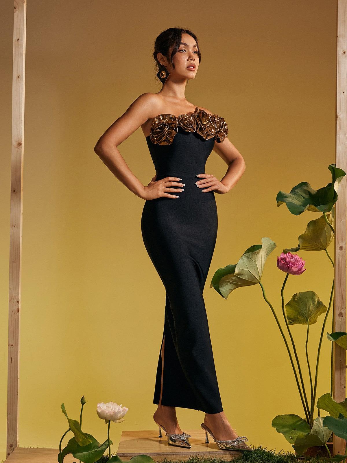 One Shoulder Flower Bandage Maxi Dress In Gold - View 5