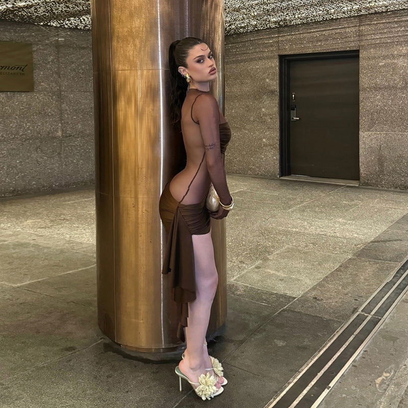 Mesh Cut Out Crew Neck Long Sleeve Asymmetric Drape Mini Dress