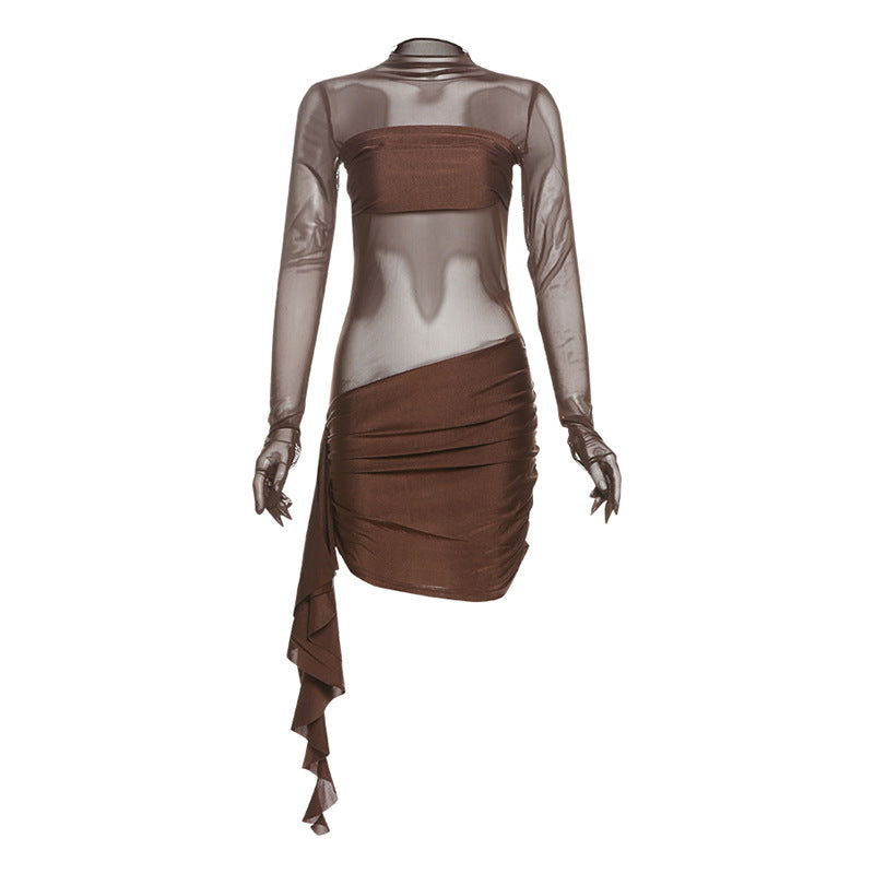 Mesh Cut Out Crew Neck Long Sleeve Asymmetric Drape Mini Dress
