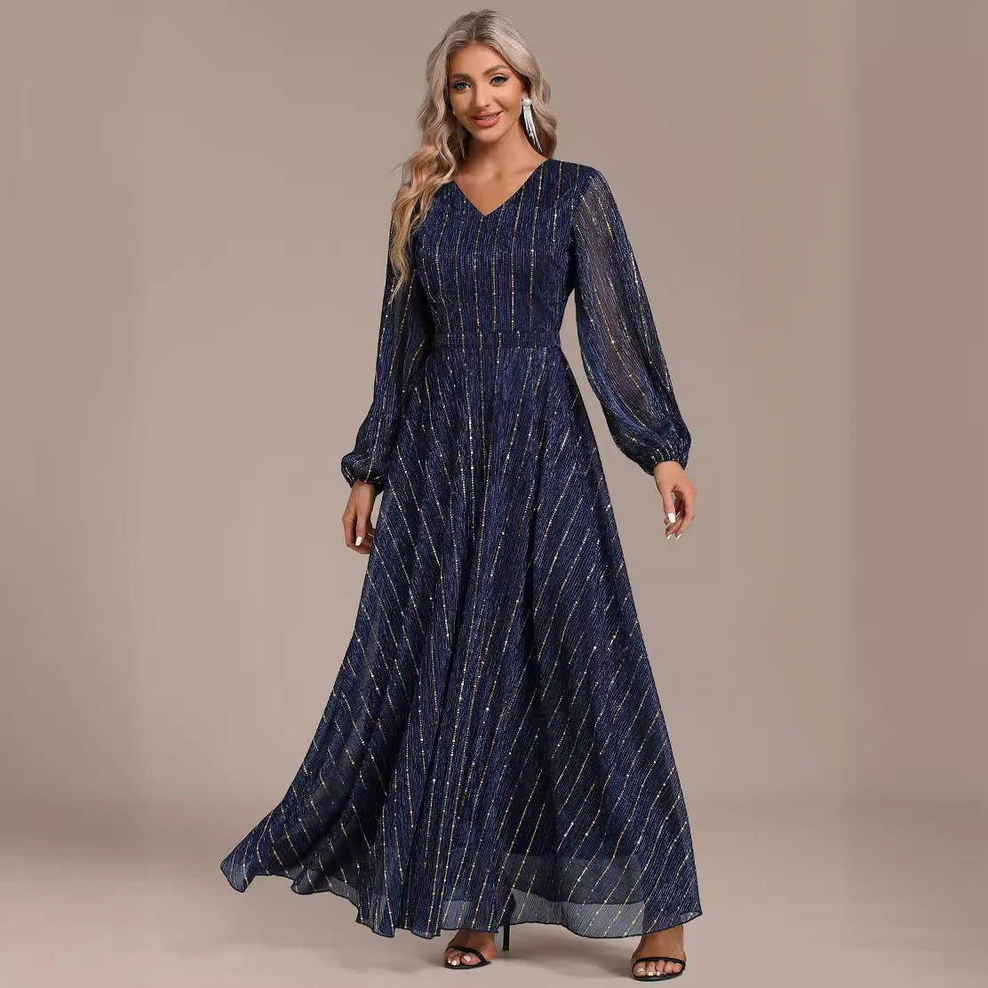 Sequin Pinstripe V-Neck Lantern Sleeve Pleated A-Line Maxi Dress