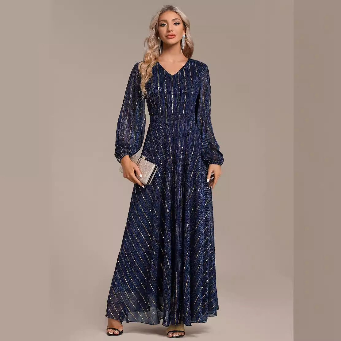 Sequin Pinstripe V-Neck Lantern Sleeve Pleated A-Line Maxi Dress