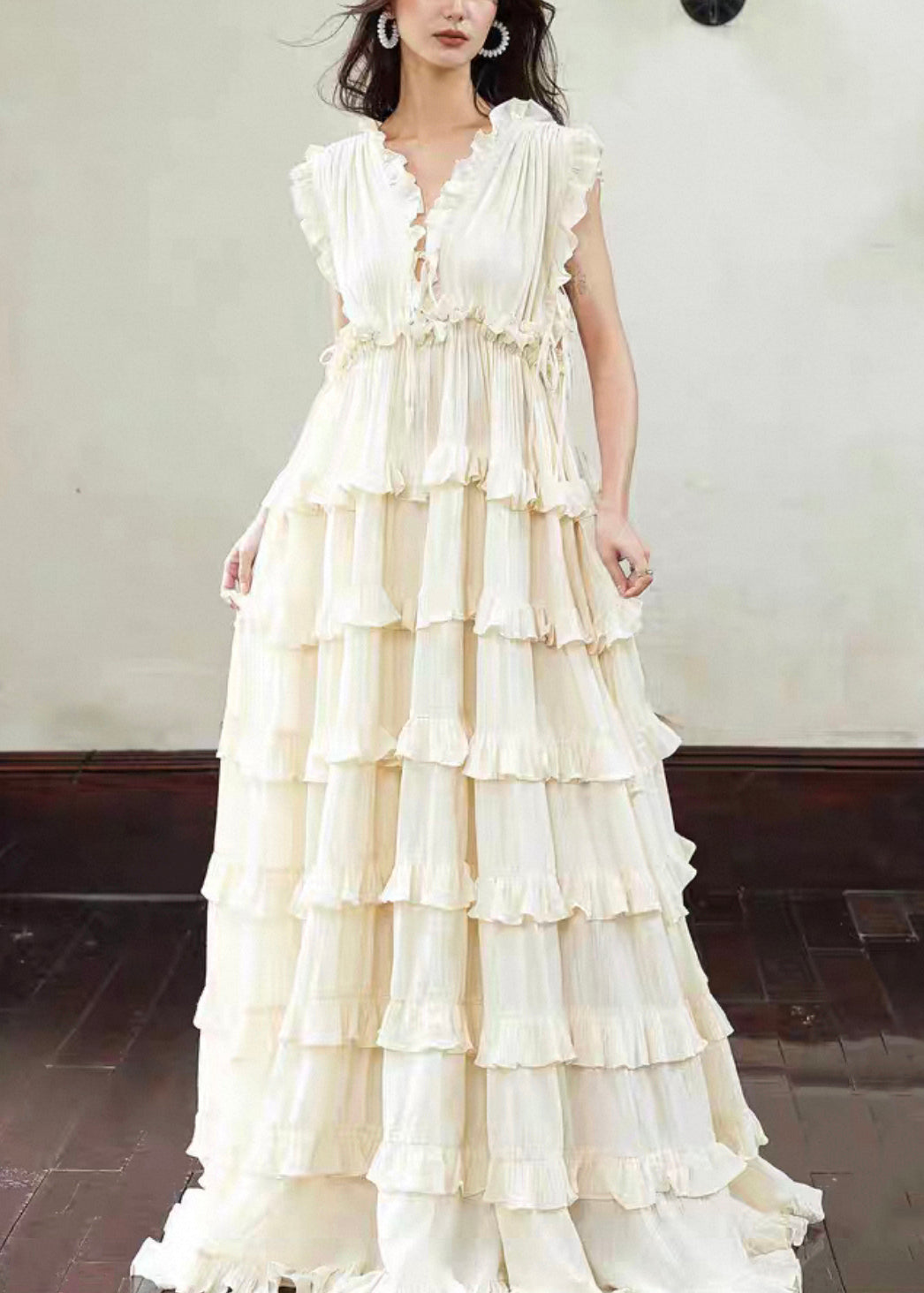 Art Beige Backless Ruffled Lace Up Cotton Long Dress Sleeveless 2