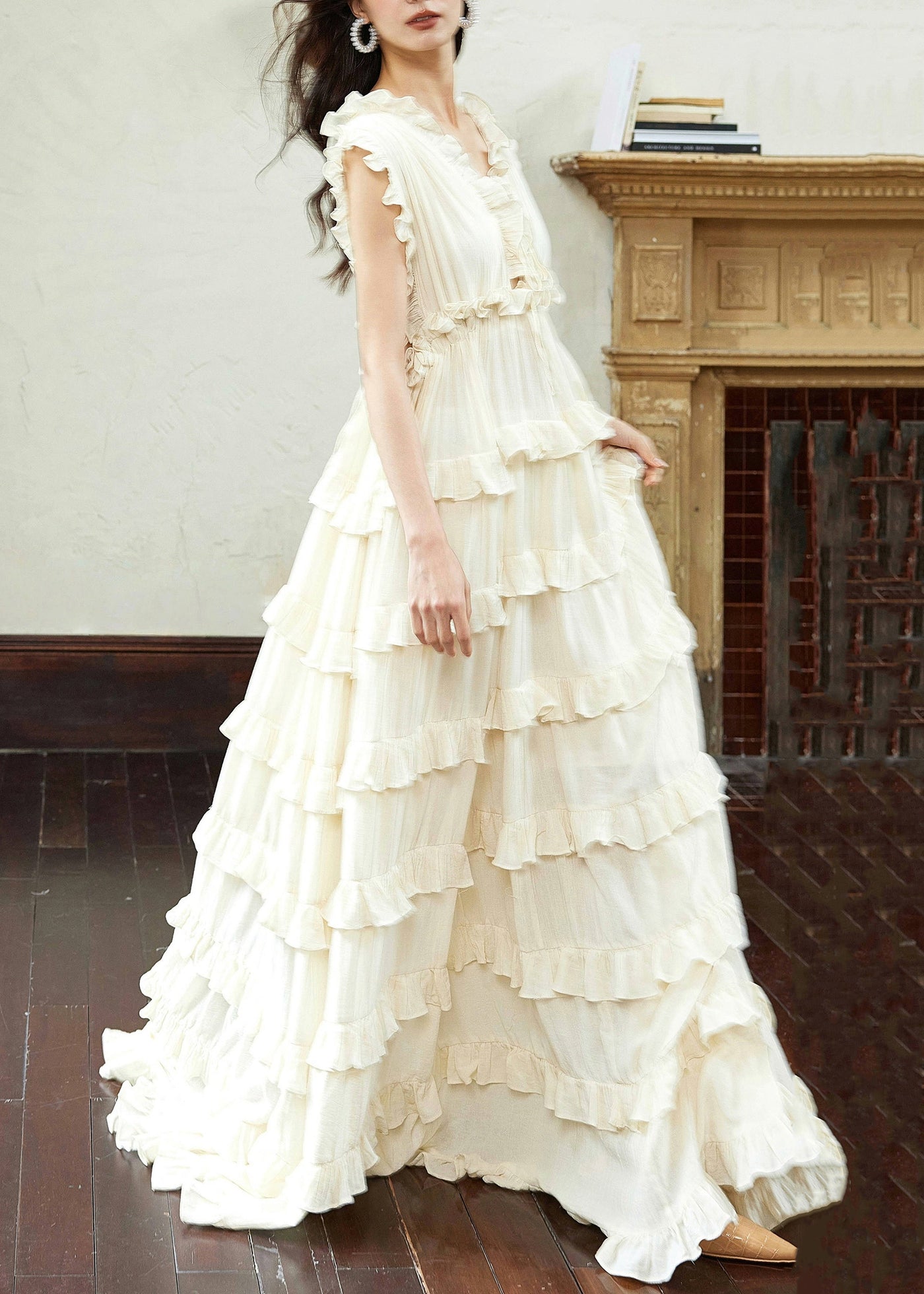 Art Beige Backless Ruffled Lace Up Cotton Long Dress Sleeveless 4