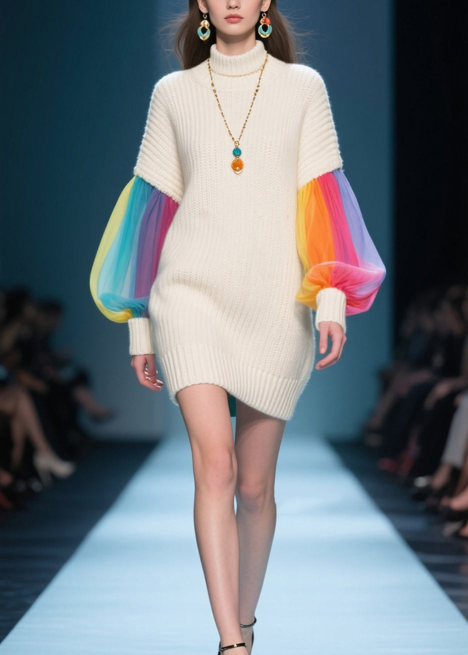 Knit Mock Neck Tulle Lantern Sleeve Ribbed Cuff Mini Sweater Dress