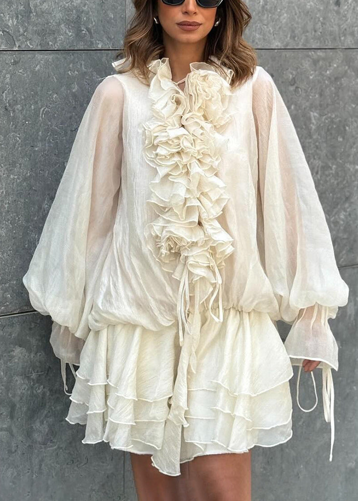 Ruffle Front Sheer Lantern Sleeve Tiered Ruffle Hem Mini Dress