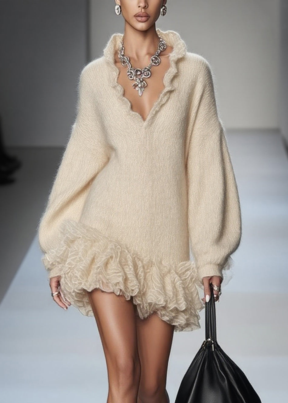 Art Beige V Neck Lace Patchwork Knit Mini Dresses Spring 3