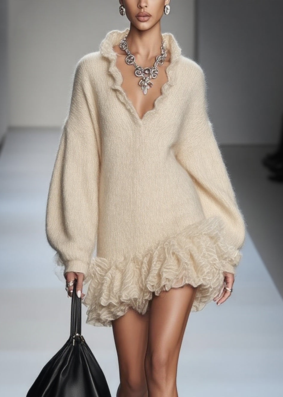 Art Beige V Neck Lace Patchwork Knit Mini Dresses Spring 5