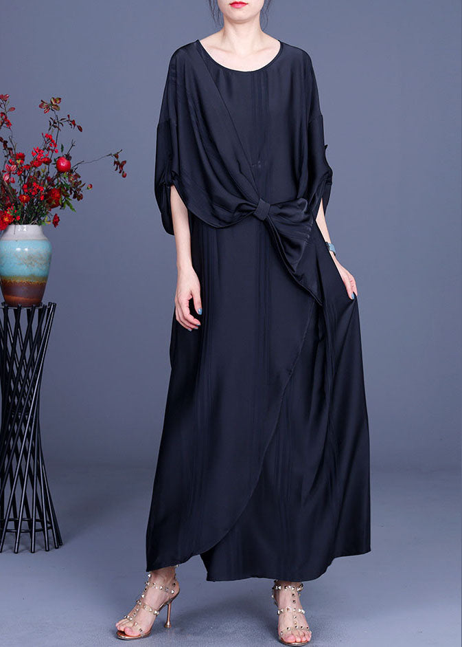 Batwing Sleeve Round Neck Knotted Waist Draped Panel Maxi Dress