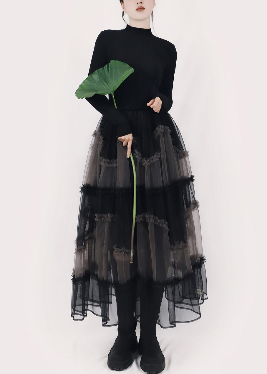 Art Black Asymmetrical Ruffled Tulle Patchwork Long Dresses Winter 2