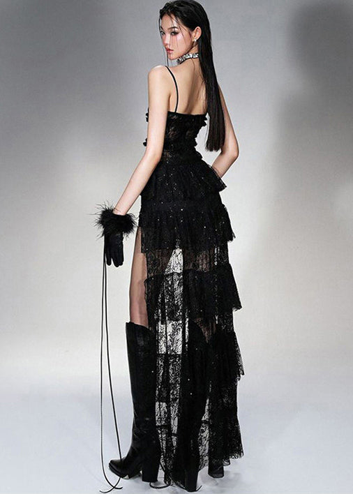Lace Spaghetti Strap Tiered Ruffle Train High Low Hem Dress