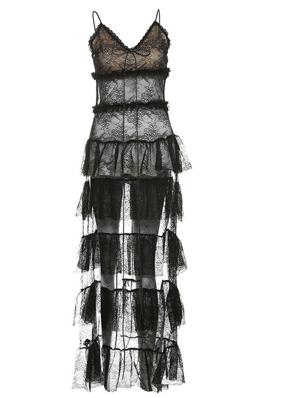 Lace Spaghetti Strap Tiered Ruffle Train High Low Hem Dress