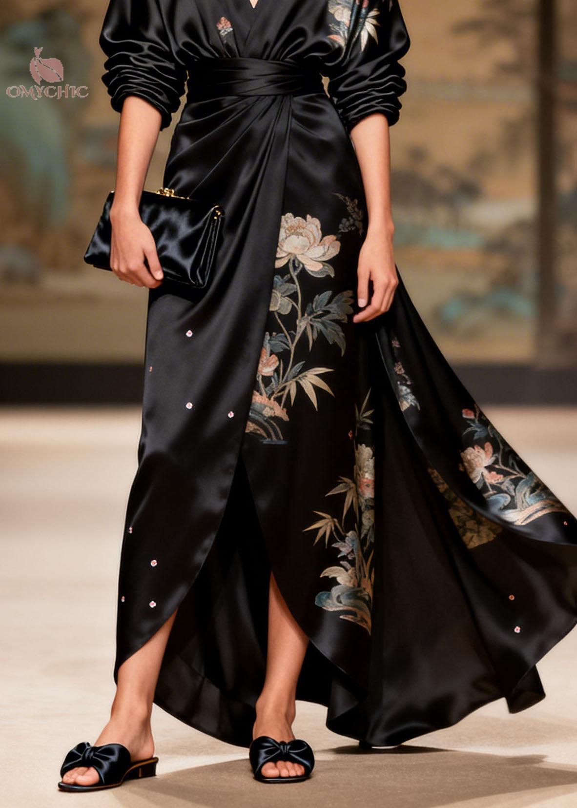 Bamboo Floral Print V-Neck Long Sleeve Wrap Belted Satin Maxi Gown