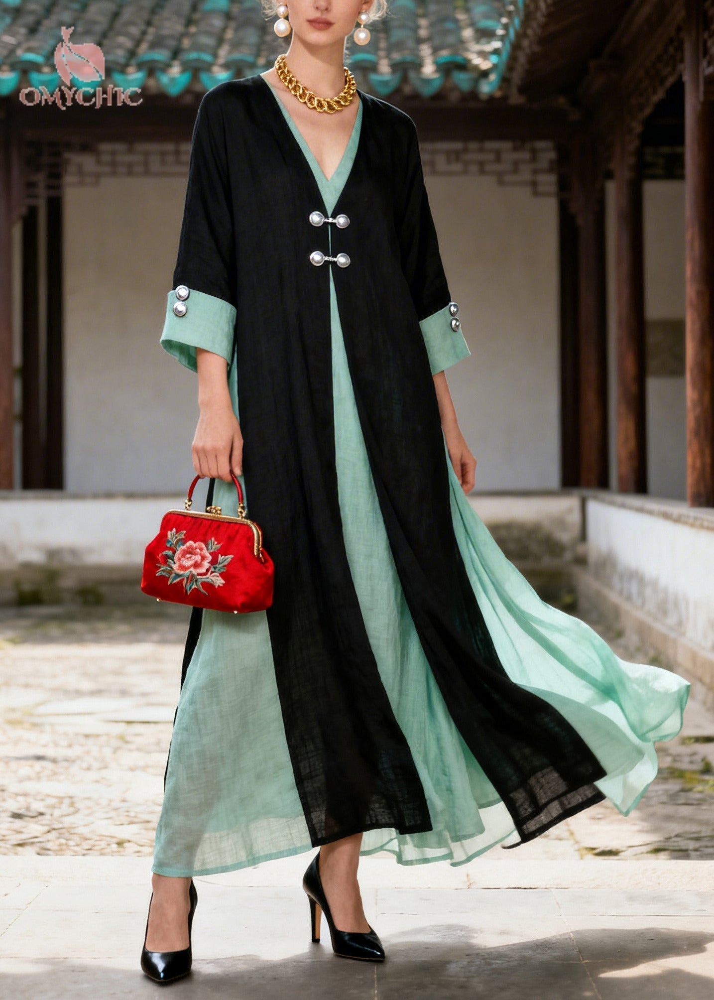 Deep V-Neck Long Sleeve Wide Cuff Frog Button Vest Overlay Two-Piece Set