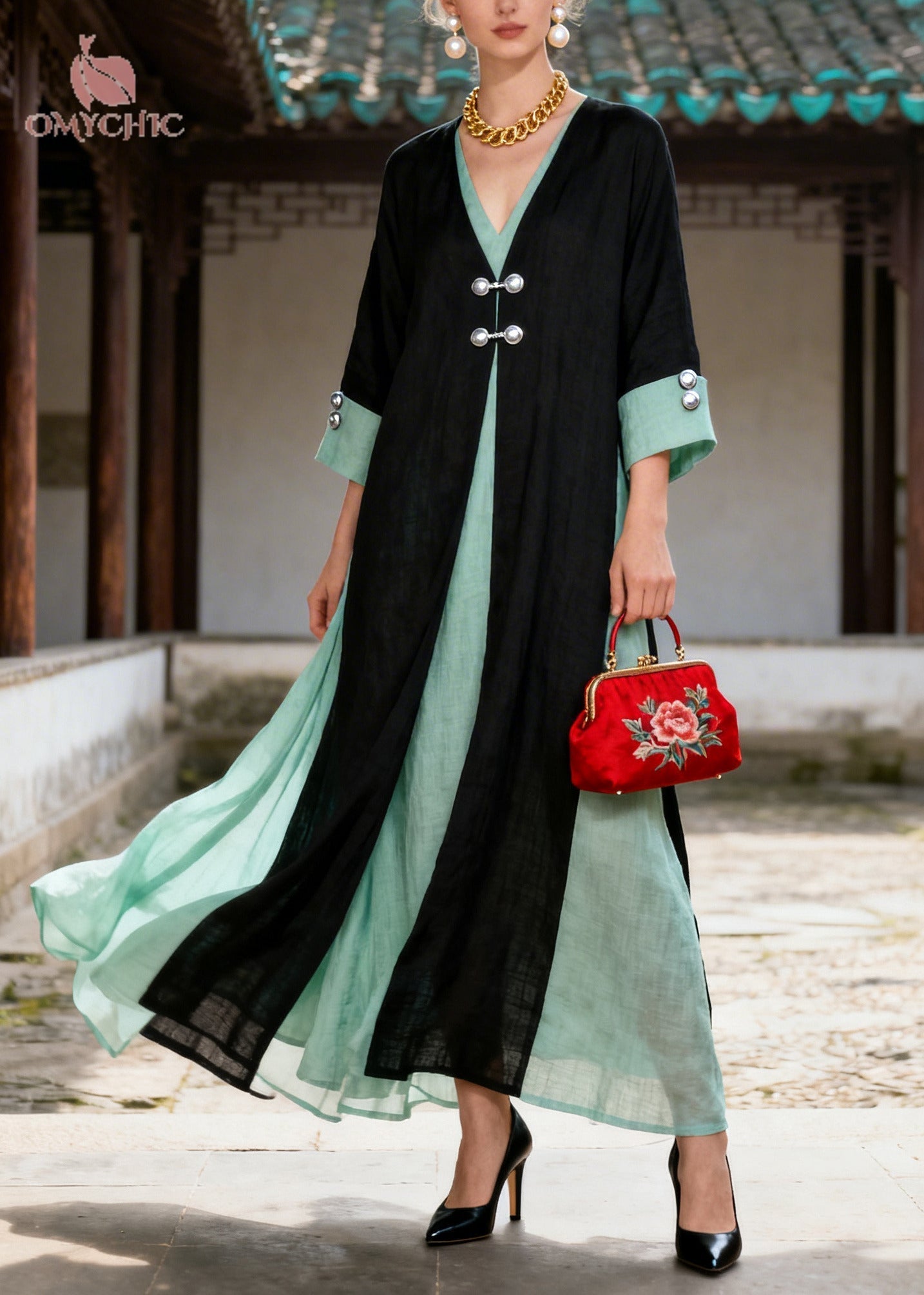 Deep V-Neck Long Sleeve Wide Cuff Frog Button Vest Overlay Two-Piece Set