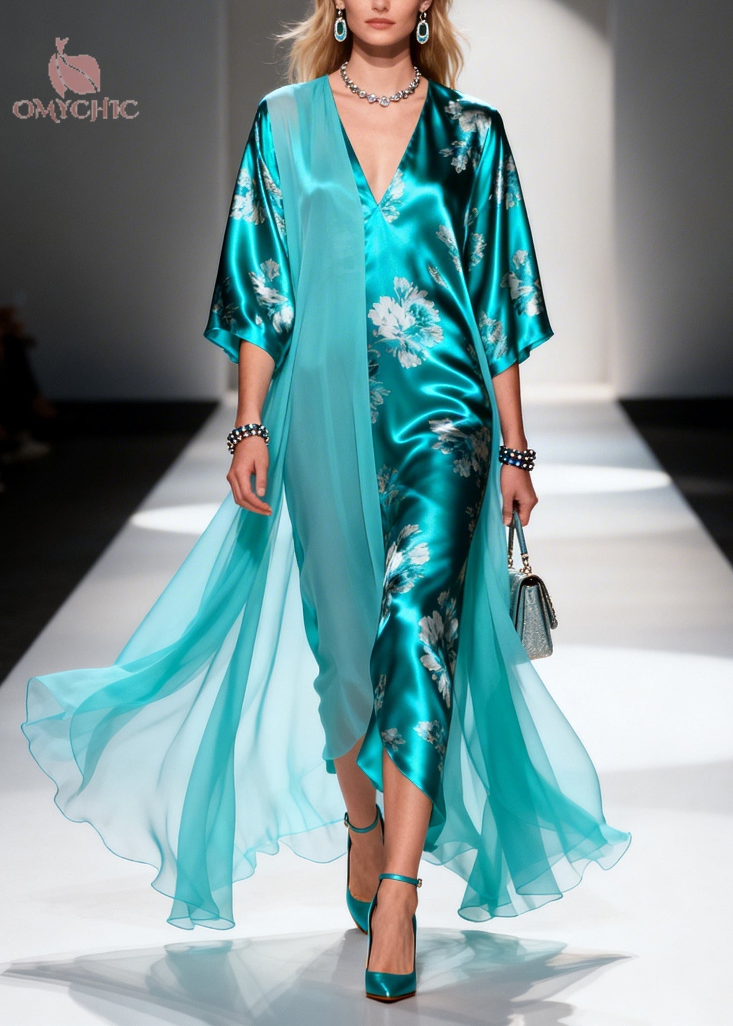 Floral Deep V-Neck Half Sleeve Satin Draped Chiffon High Low Maxi Dress