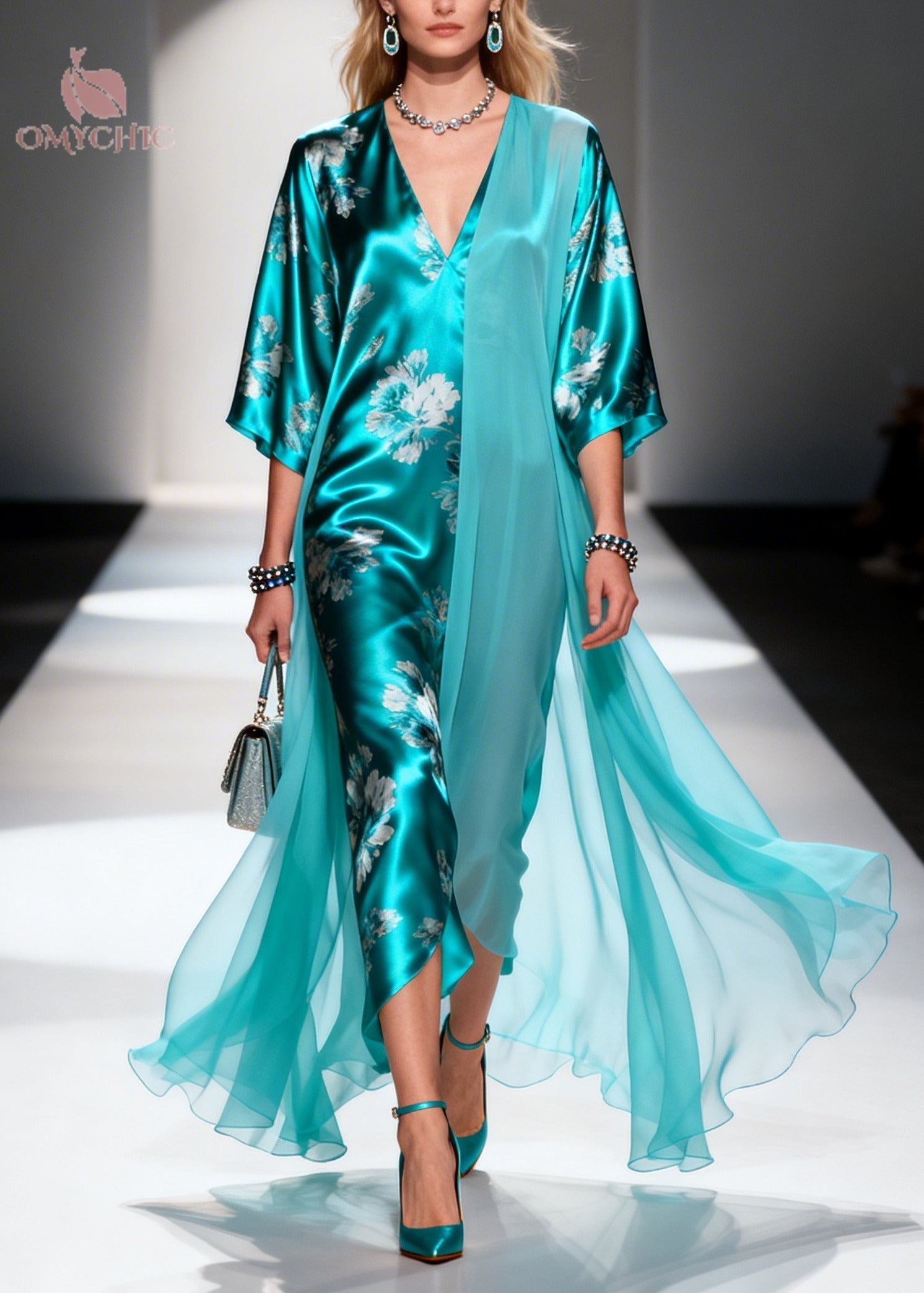 Floral Deep V-Neck Half Sleeve Satin Draped Chiffon High Low Maxi Dress