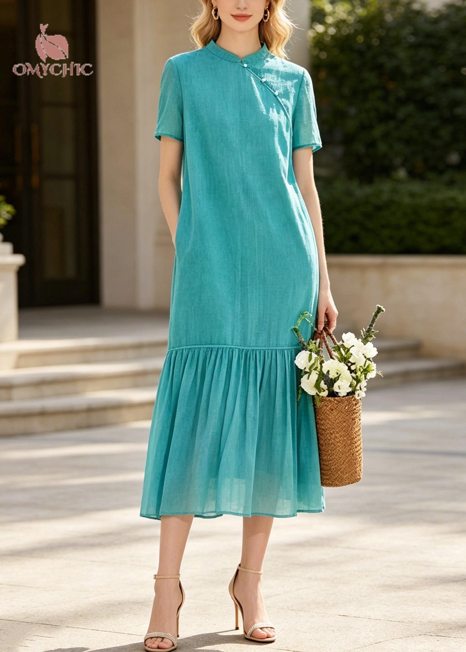 Art Blue Mandarin Collar Patchwork Cotton Long Dresses Summer