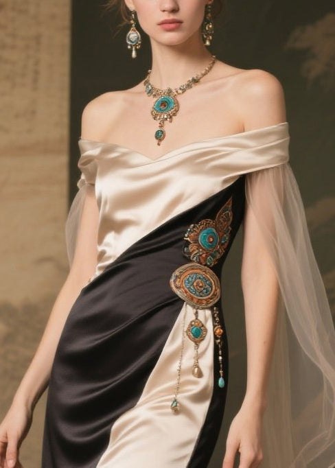 Colorblock Off Shoulder Wrap Cape Panel Filigree Waist High Split Maxi Gown