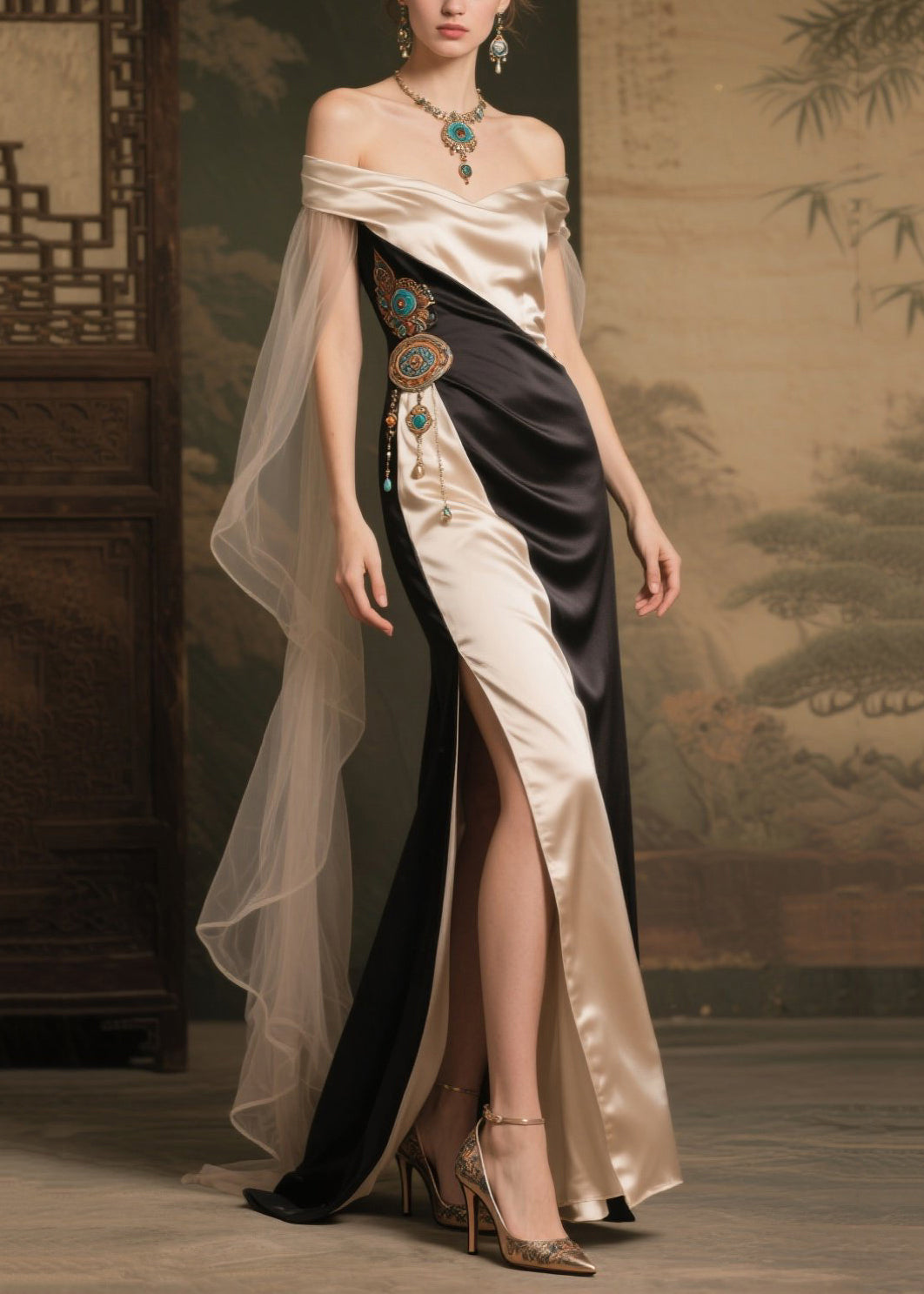 Colorblock Off Shoulder Wrap Cape Panel Filigree Waist High Split Maxi Gown