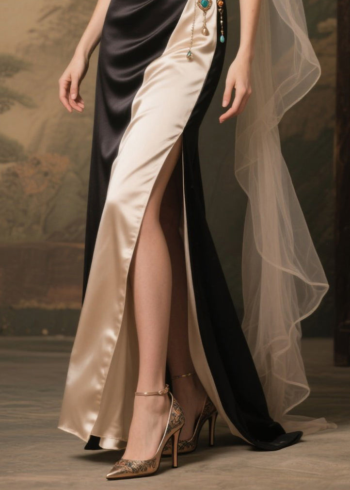 Colorblock Off Shoulder Wrap Cape Panel Filigree Waist High Split Maxi Gown