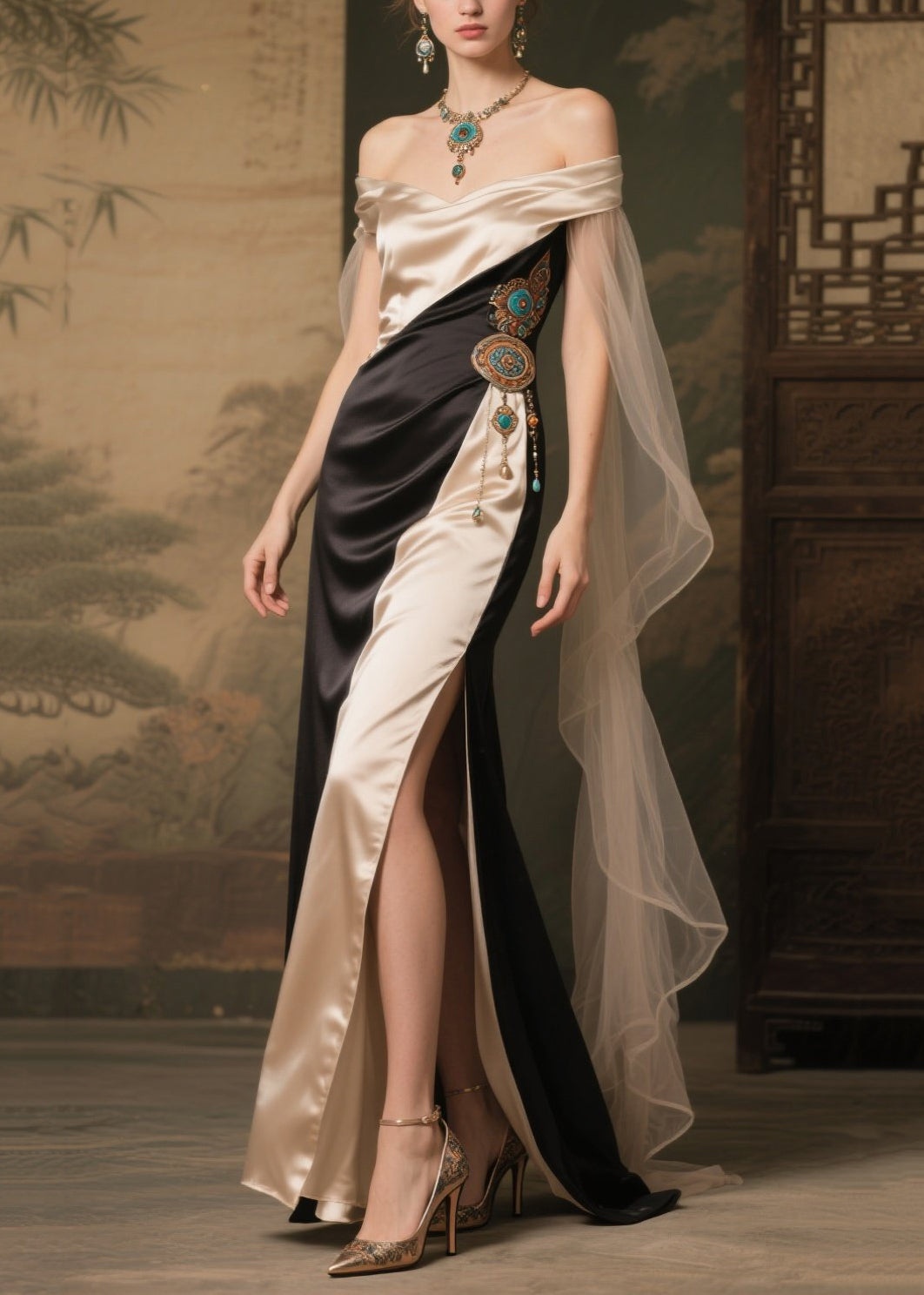 Colorblock Off Shoulder Wrap Cape Panel Filigree Waist High Split Maxi Gown