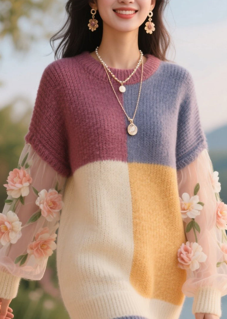 Colorblock Knit Crew Neck Tulle Floral Appliqué Balloon Sleeve Mini Dress