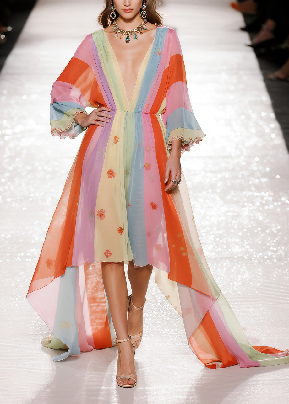 Chiffon Deep V-Neck Bell Sleeve Floral Striped Asymmetrical Train Maxi Gown