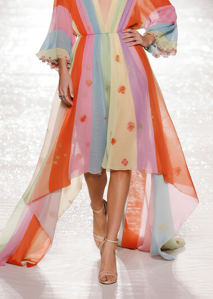 Chiffon Deep V-Neck Bell Sleeve Floral Striped Asymmetrical Train Maxi Gown