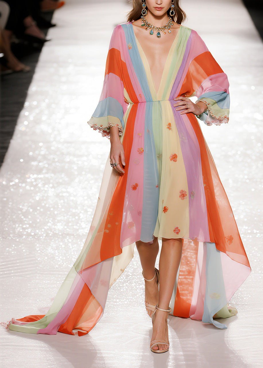 Chiffon Deep V-Neck Bell Sleeve Floral Striped Asymmetrical Train Maxi Gown