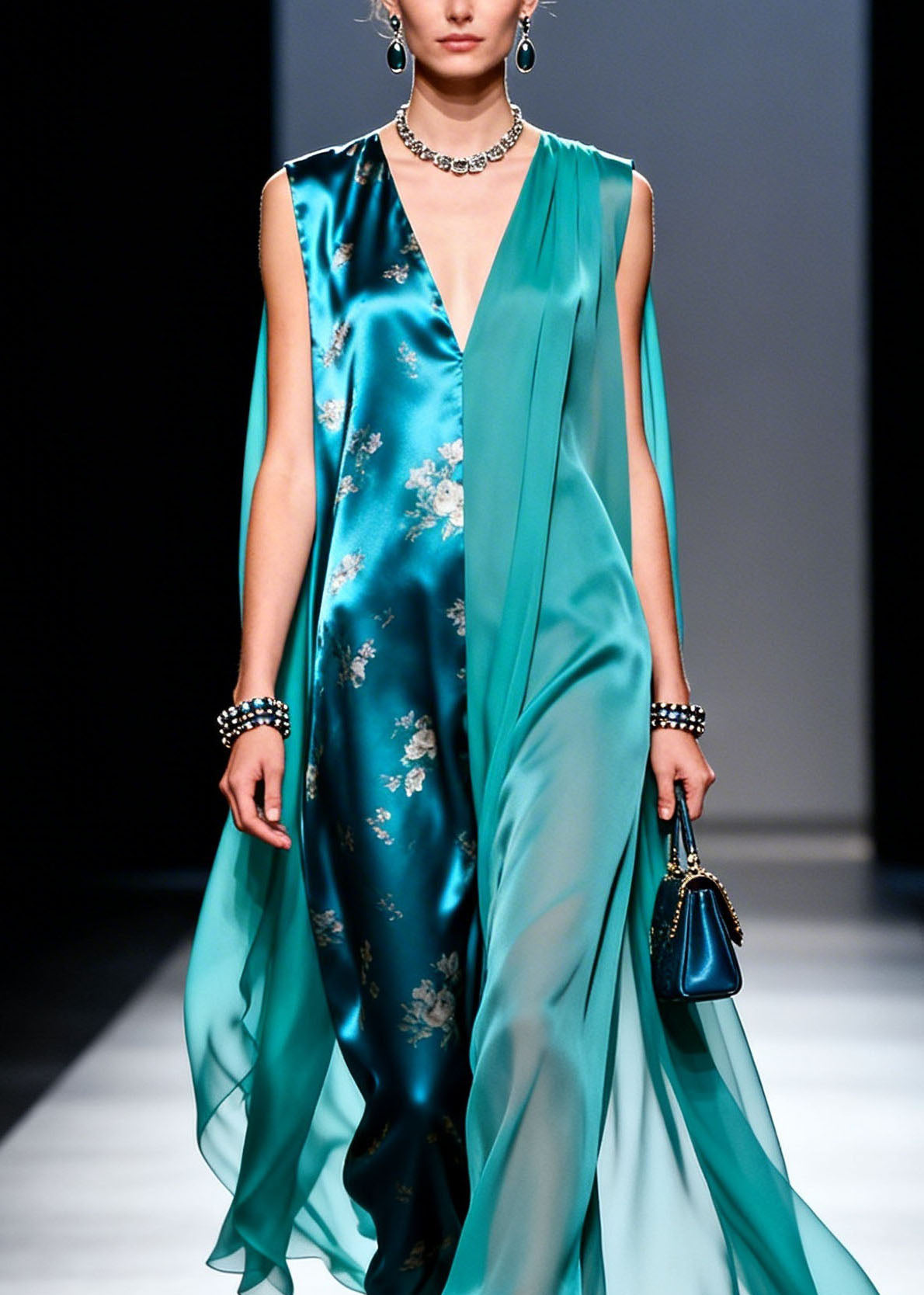 Floral Print Satin Chiffon Patchwork Cape Sleeve Deep V-Neck Maxi Jumpsuit