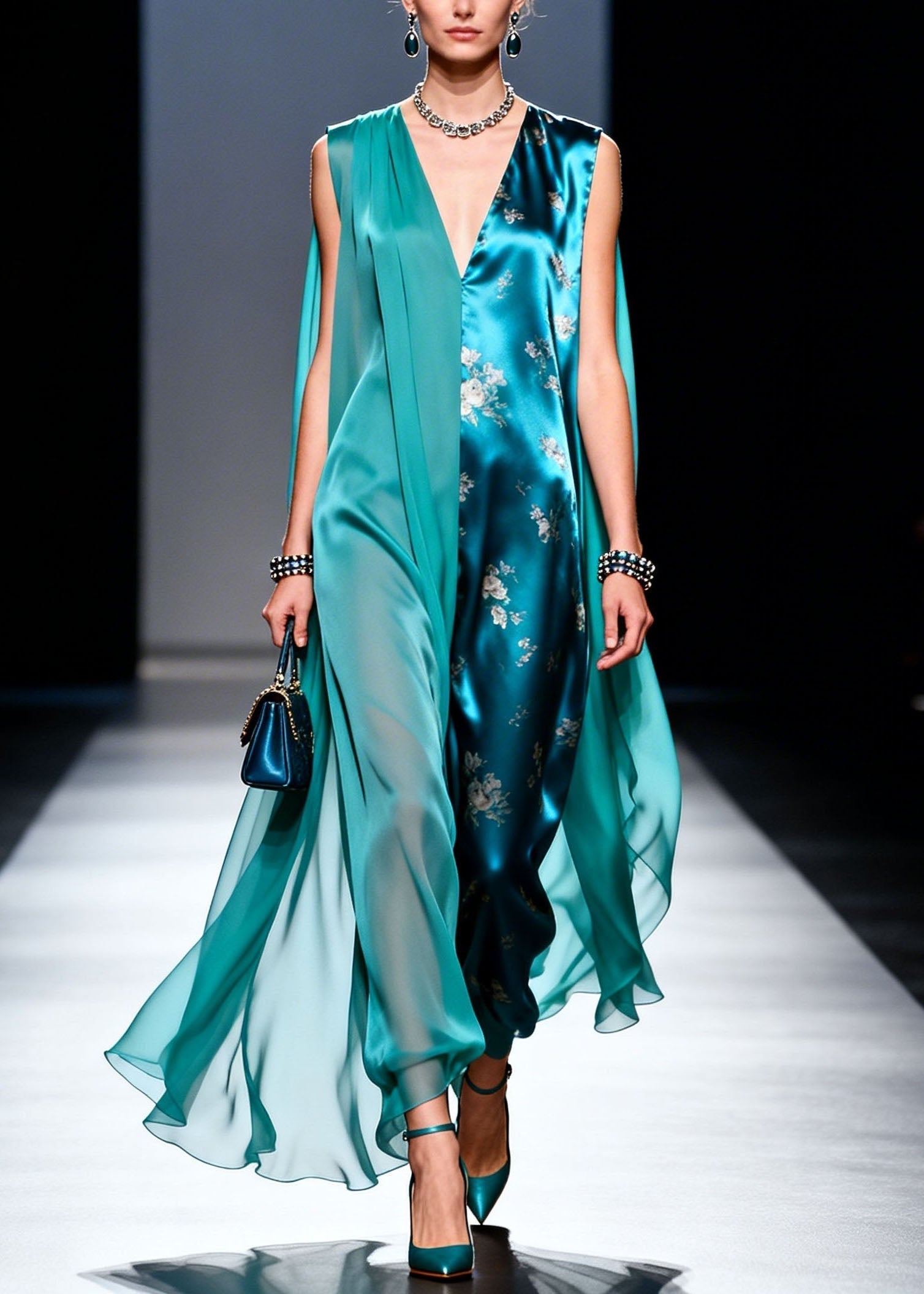 Floral Print Satin Chiffon Patchwork Cape Sleeve Deep V-Neck Maxi Jumpsuit