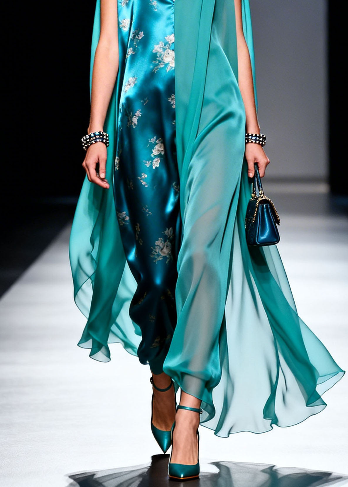 Floral Print Satin Chiffon Patchwork Cape Sleeve Deep V-Neck Maxi Jumpsuit