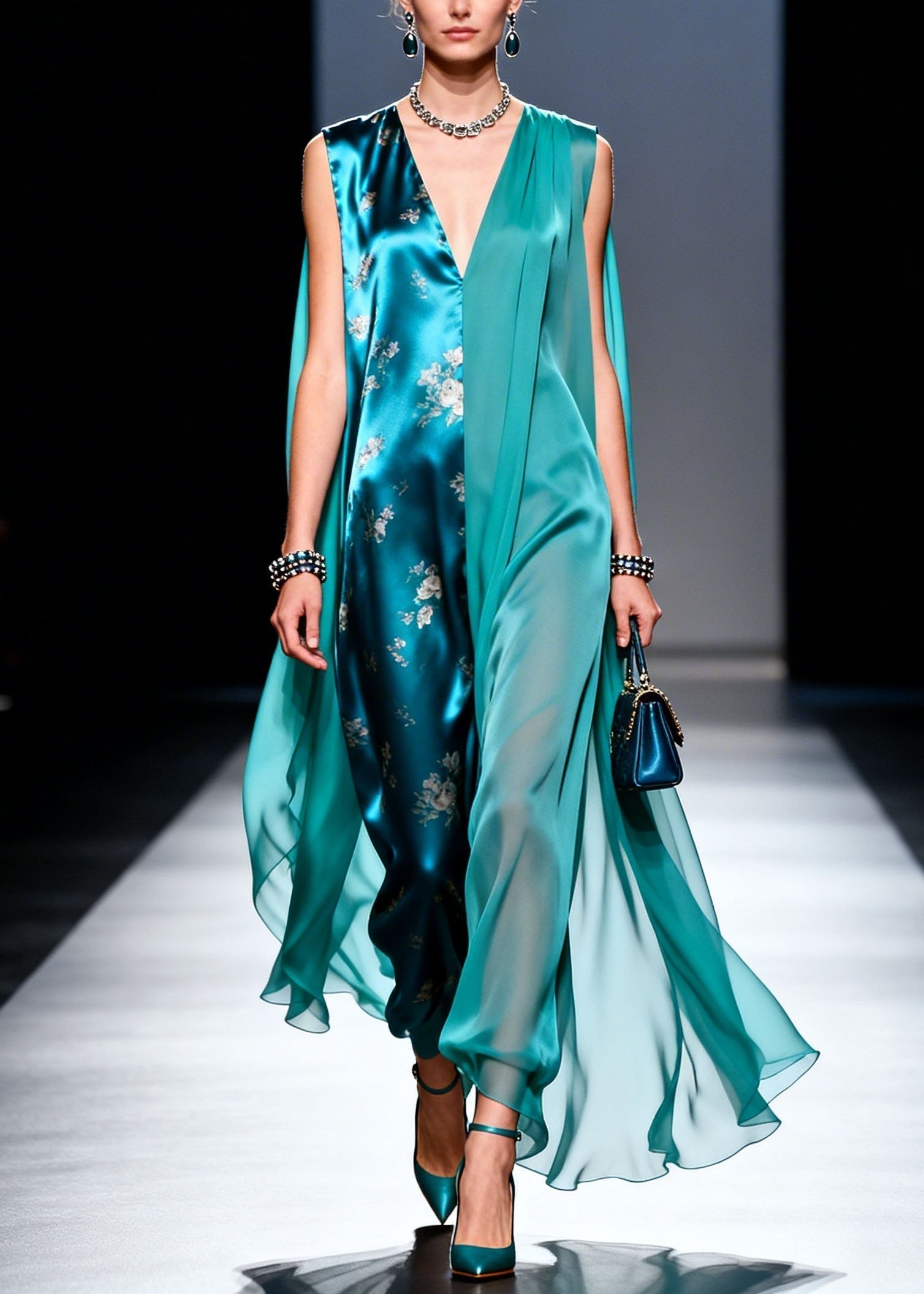 Floral Print Satin Chiffon Patchwork Cape Sleeve Deep V-Neck Maxi Jumpsuit