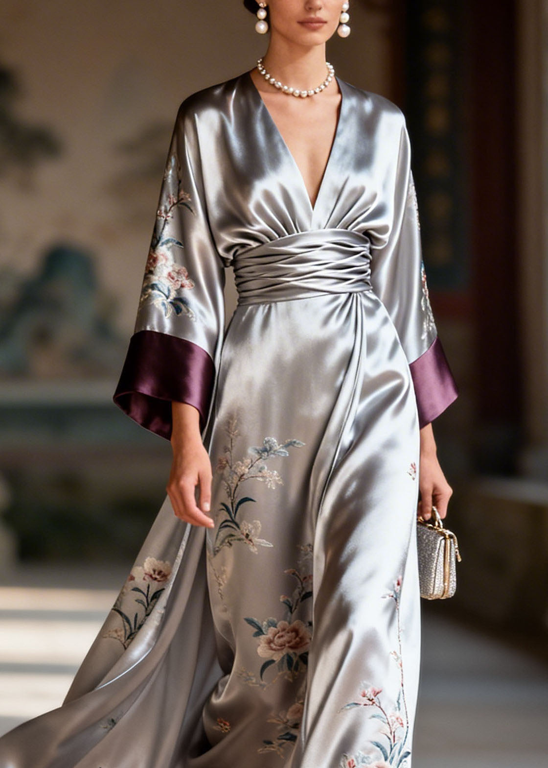 Satin Floral Butterfly Embroidery Deep V-Neck Kimono Sleeve Pleated Waist Maxi Dress