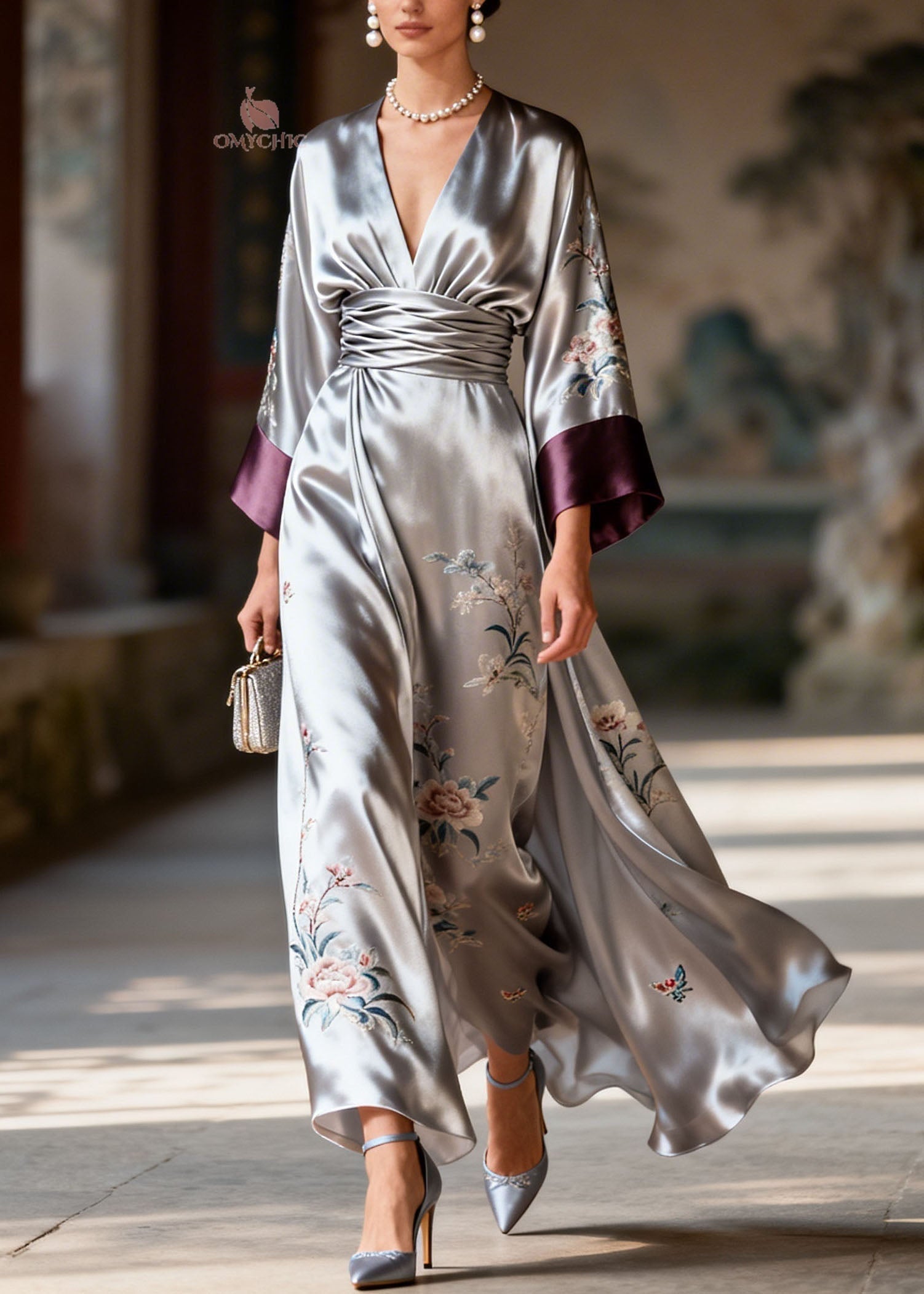 Satin Floral Butterfly Embroidery Deep V-Neck Kimono Sleeve Pleated Waist Maxi Dress