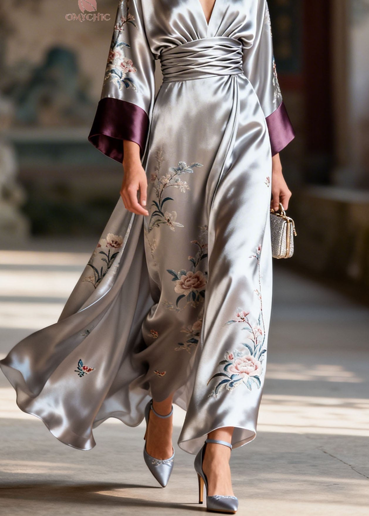 Satin Floral Butterfly Embroidery Deep V-Neck Kimono Sleeve Pleated Waist Maxi Dress