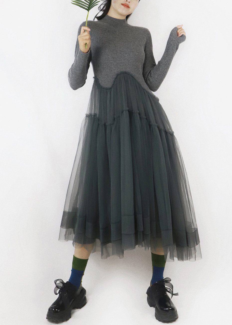 Mock Neck Long Sleeve Knit Tulle Scalloped Empire Waist Midi Dress