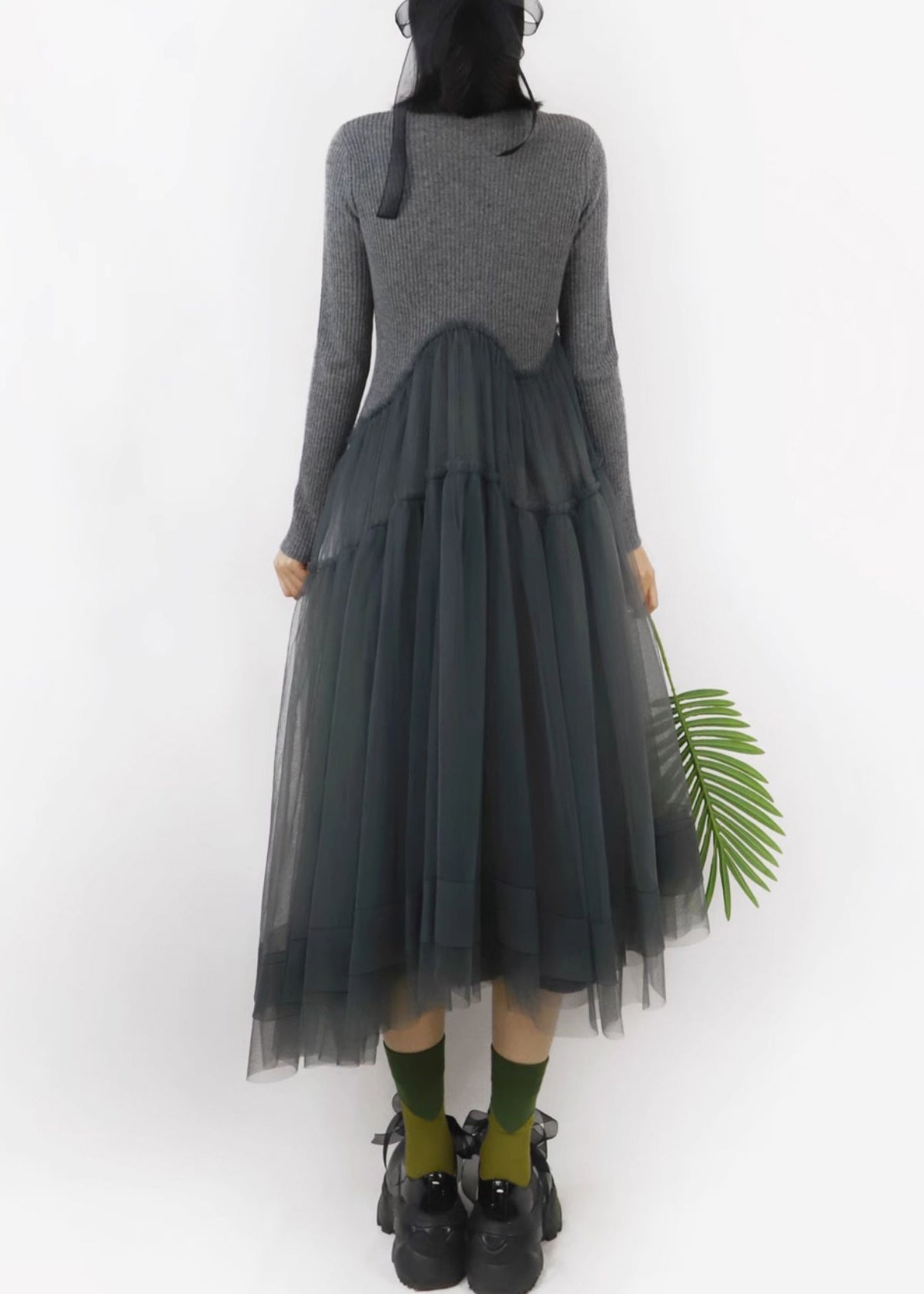 Mock Neck Long Sleeve Knit Tulle Scalloped Empire Waist Midi Dress