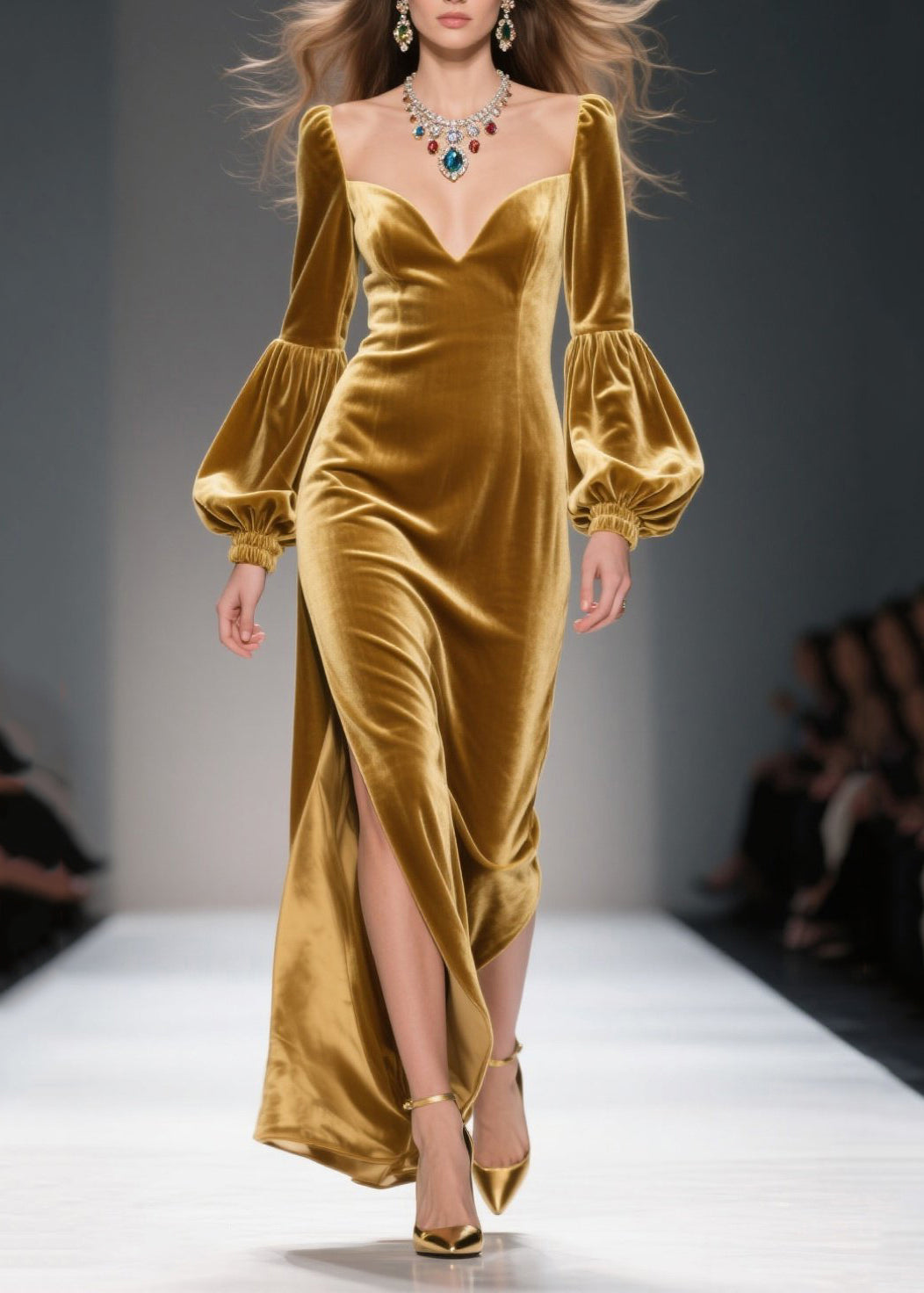 Sweetheart Neck Lantern Sleeve Velvet High Split Maxi Dress 3